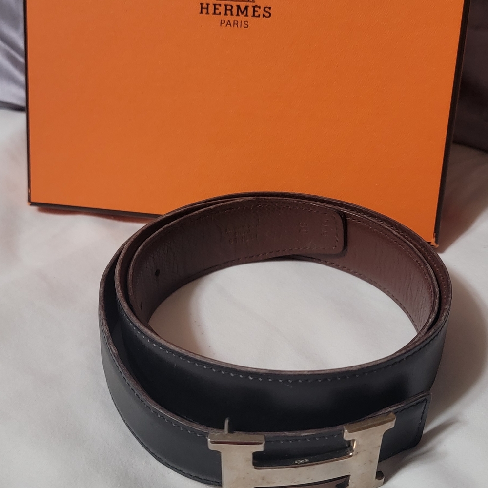 Authentic Hermes Black Leather Belt with Silver Buckle. Size 90cm/ 35.4 To 35.5